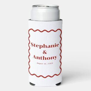 Retro 1950s Wavy Edge Dark Red Wedding Seltzer Can Cooler