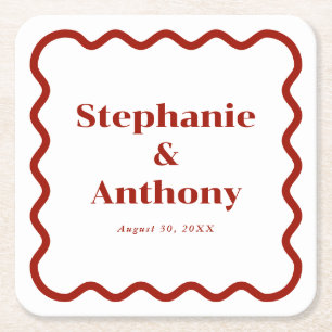 Retro 1950s Wavy Edge Dark Red Wedding Square Paper Coaster