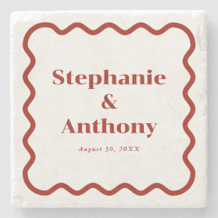 Retro 1950s Wavy Edge Dark Red Wedding Stone Coaster