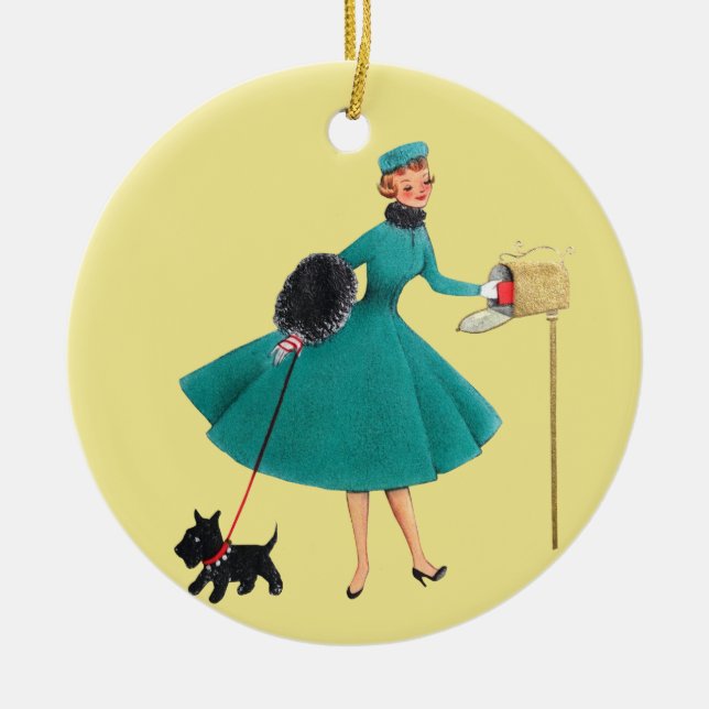 Retro 1950's Woman w/ Scottie Dog Christmas Ceramic Ornament (Front)