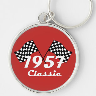 Retro 1957 Classic Black & White Chequered Flag Keychain