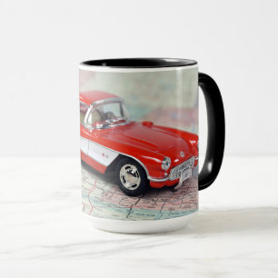 retro 1957 corvette on road map mug