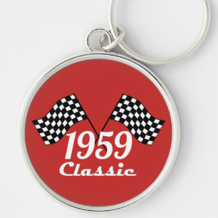 Retro 1959 Classic Black & White Chequered Flag Keychain