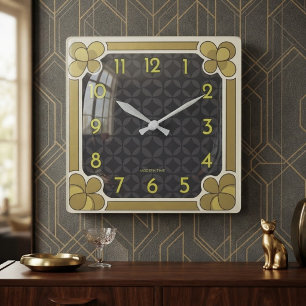 Retro 1960s Black Gold Decor Mid-Century Modern Square Wall Clock