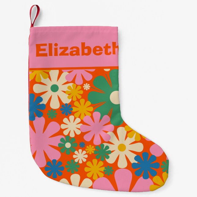 Retro 1960s Colourful Floral Pattern with Name Small Christmas Stocking (Front)