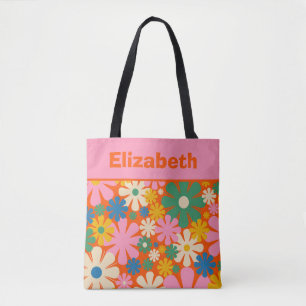Retro 1960s Colourful Floral Pattern with Name Tote Bag