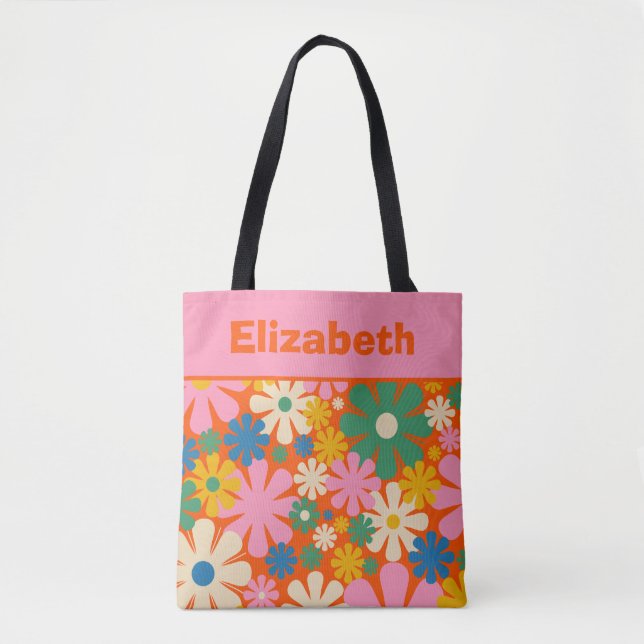 Retro 1960s Colourful Floral Pattern with Name Tote Bag (Front)