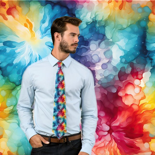 Retro 1960s Colourful Tie-Dye Pattern Neck Tie (Man wears a rainbow tie dye necktie.  Background matches tie.)
