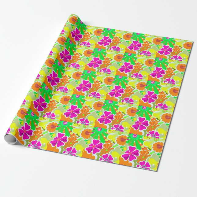 Retro 1960s: Peace, Love, Rock and Roll Wrapping Paper (Unrolled)