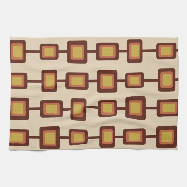 Retro 1960s Rounded Squares Yellow Orange Kitchen Towel (Horizontal)