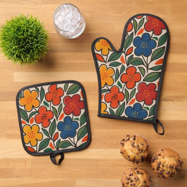 Retro 1960s Style Floral Pattern Oven Mitt & Pot Holder Set (Top Down)