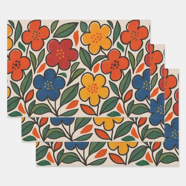 Retro 1960s Style Floral Pattern Wrapping Paper Sheet (Set)