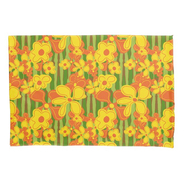 Retro 1970's Bold Bright Orange Yellow Flowers Pillowcase (Front-Left)