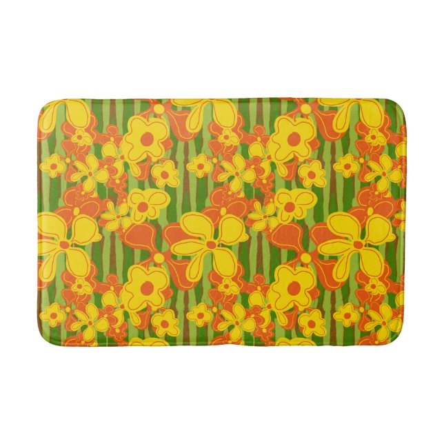 Retro 1970's Bright Bold Orange Yellow Flowers Bath Mat (Front)
