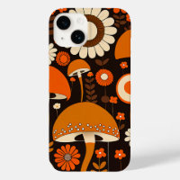 Retro 1970s Brown & Orange Mushrooms & Flowers