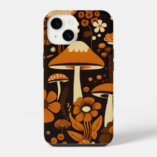 Retro 1970s Brown & Orange Mushrooms & Flowers iPhone 14 Case
