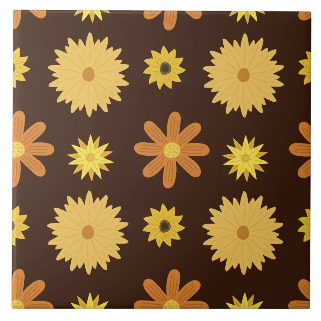 Retro 1970s Brown Orange Yellow Floral Pattern Tile (Front)