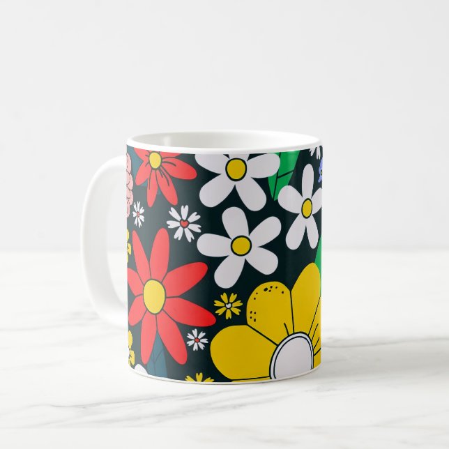 Retro 1970s Floral Pattern Coffee Mug (Front Left)