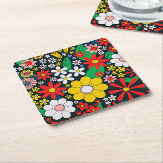 Retro 1970s Floral Pattern Square Paper Coaster