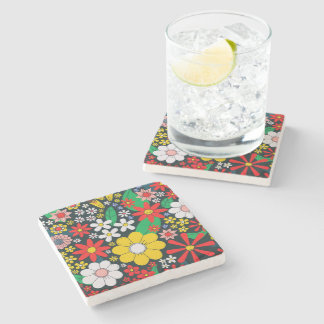 Retro 1970s Floral Pattern Stone Coaster