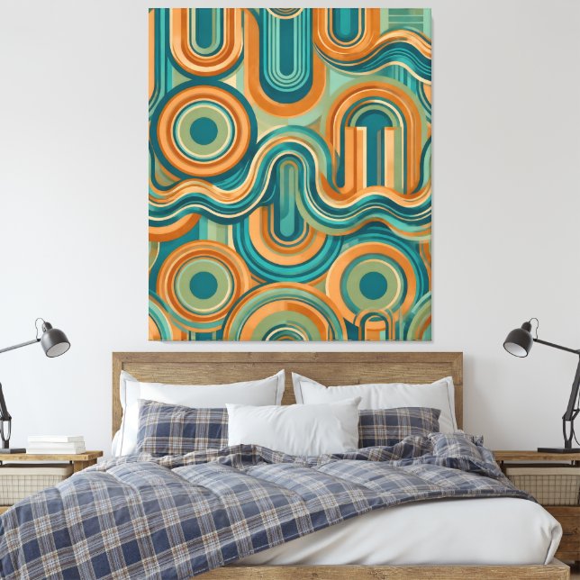 Retro 1970s Geometric Wave Pattern in Teal & Amber Canvas Print (Insitu(Bedroom))