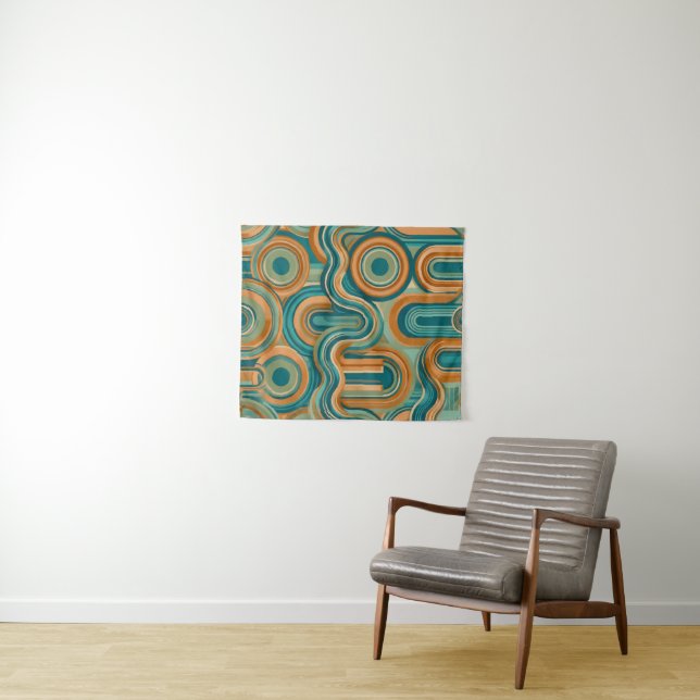 Retro 1970s Geometric Wave Pattern in Teal & Amber Tapestry (In Situ (Horizontal))