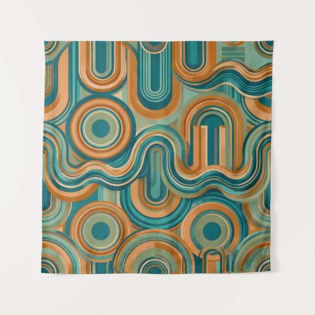 Retro 1970s Geometric Wave Pattern in Teal & Amber Tapestry (Front)