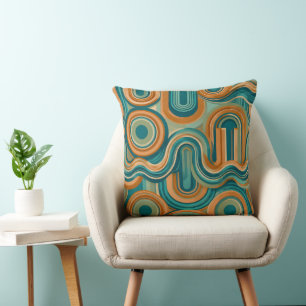 Retro 1970s Geometric Wave Pattern in Teal & Amber Throw Pillow