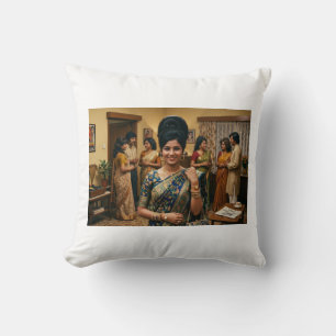 Retro 1970s Indian Fashion & Bouffant Hairstyle Il Throw Pillow