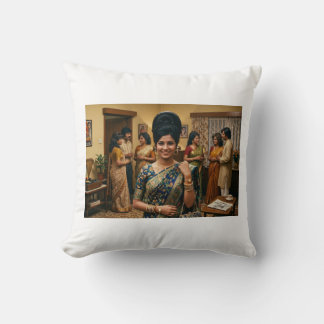 Retro 1970s Indian Fashion & Bouffant Hairstyle Il Throw Pillow
