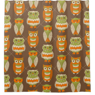 Retro 1970s Orange, Green Owls on Brown Patterned