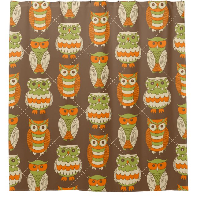 Retro 1970s Orange, Green Owls on Brown Patterned (Front)