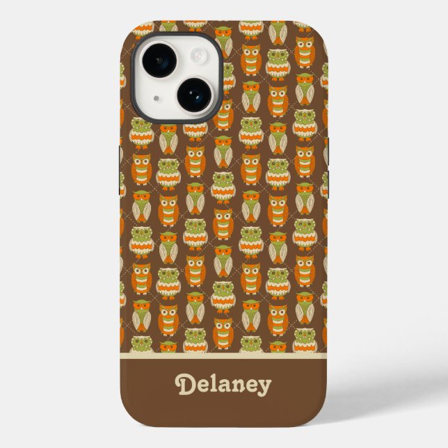 Retro 1970s Orange, Green Owls on Brown Patterned Case-Mate iPhone Case (Back)
