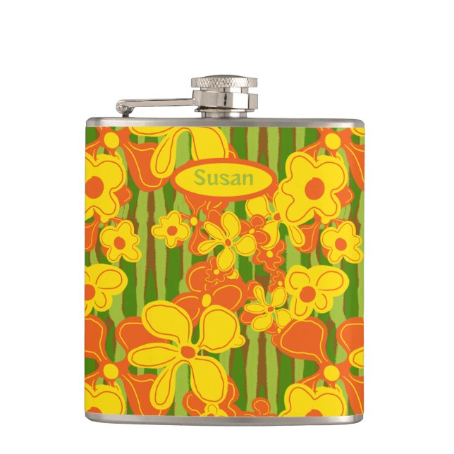 Retro 1970s Orange Yellow Flowers Hip Flask (Front)