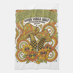 Retro 1970s Psychedelic Design with Mushrooms Kitchen Towel