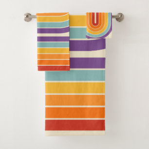 Retro 1970s Style Arched Stripes Geometric Pattern Bath Towel Set