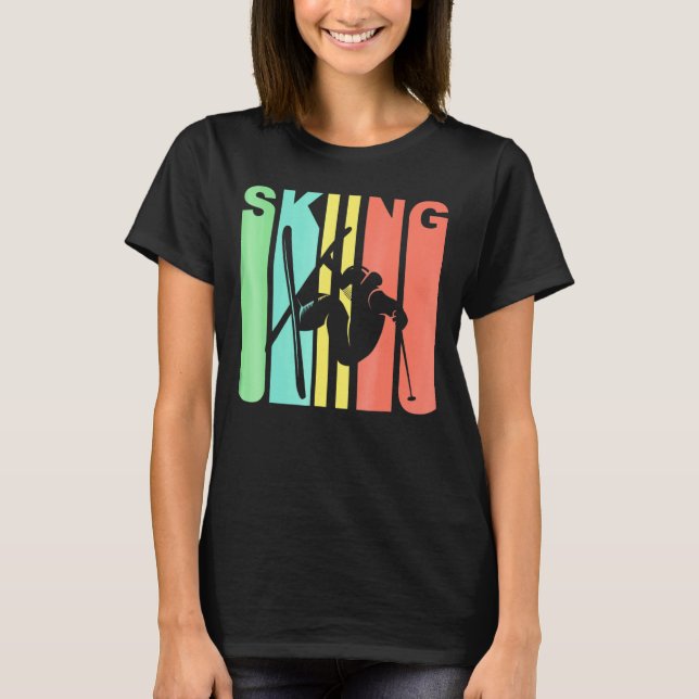 Retro 1970s Style Extreme Skier Silhouette Skiing T-Shirt (Front)