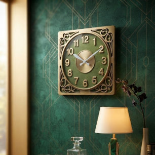 Retro 1970s Vintage Avocado Green Ornate Scrollwor Square Wall Clock