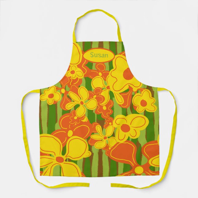 Retro 1970's Yellow Orange Flowers Apron (Front)