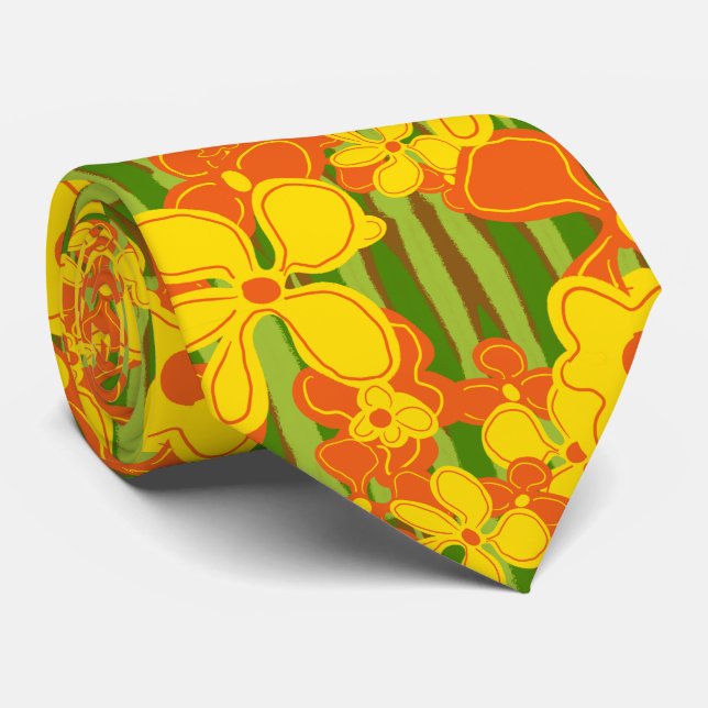 Retro 1970s Yellow Orange Flowers Tie (Rolled)