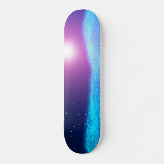 Retro 1980 synthwave glowing neon lights landscape skateboard (Front)