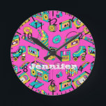 Retro 1980s Neon Pink Teal Pattern Pop Art Music Round Clock<br><div class="desc">Customizable name clock in retro 1980s and 1990s theme,  with bright and colourful vintage items such as cassette player,  Rubik's cube,  sweets,  scrunchies,  etc. in hot pink,  turquoise,  and yellow colours.</div>