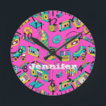 Retro 1980s Neon Pink Teal Pattern Pop Art Music Round Clock<br><div class="desc">Customizable name clock in retro 1980s and 1990s theme,  with bright and colourful vintage items such as cassette player,  Rubik's cube,  sweets,  scrunchies,  etc. in hot pink,  turquoise,  and yellow colours.</div>
