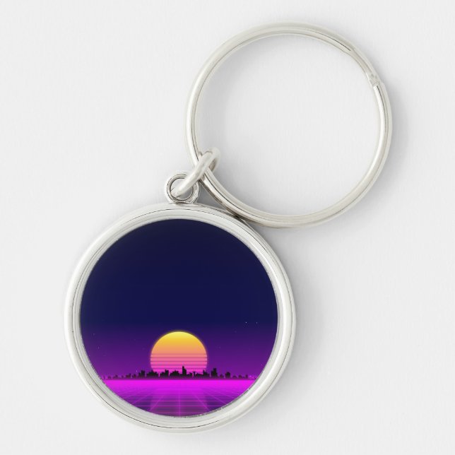Retro 1980s synthwave glowing neon lights city keychain (Front)