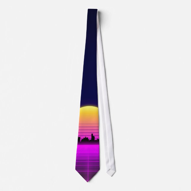 Retro 1980s synthwave glowing neon lights city tie (Front)