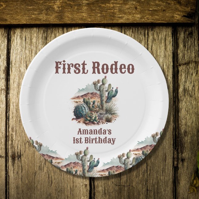 Retro 1st First Rodeo Western Cactus Birthday Paper Plate (Creator Uploaded)