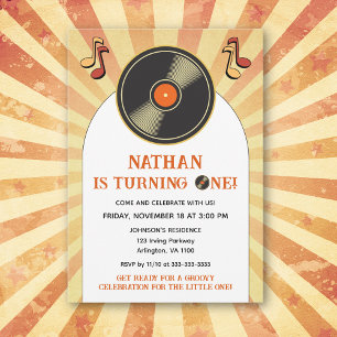 Retro 1st Kids Birthday Groovy Party Vinyl Invitation