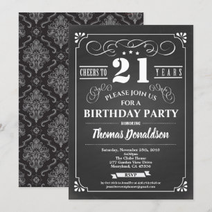 Retro 21st birthday invite. Chalkboard vintage Invitation