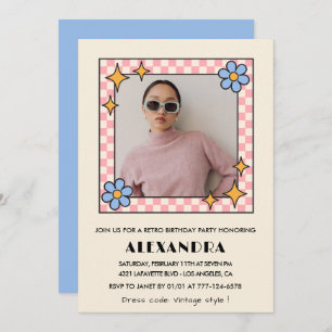 Retro 24th birthday invitation Photo Blue Floral