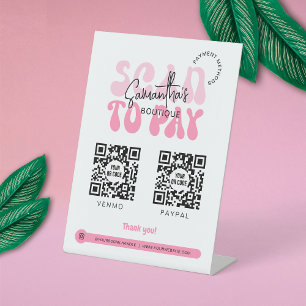 Retro 2 QR Codes Scan to Pay Pink & White Shop Pedestal Sign
